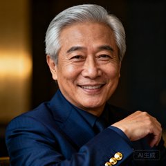 一位55岁左右的资深华裔企业家半身肖像，银发整齐，面带温和笑容，身着深蓝色定制西装搭配金色袖扣